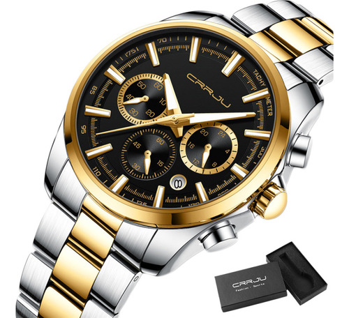 Relojes luminosos de cuarzo con calendario para hombre, color de fondo Crrju, plateado, dorado y negro