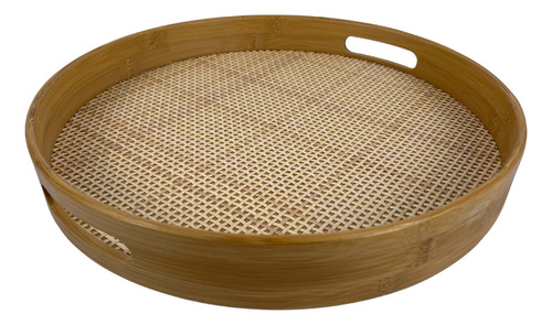 Bandeja Bambu Queimado Textura Xadrez Redonda 35cm Oikos