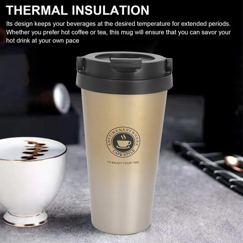 Taza Café Aislada Con Tapa Acero Inoxidable Amarillo 500ml