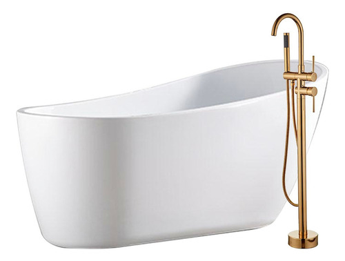 Solana Kit Bañera Ovalada 180x90 Cm Con Desnivel De Acrílico Solido + Grifo Independiente Monomando Cuello Cisne Gold / Kit Completo Bañera Acrílico De Alto Brillo y Grifo de Acero Inoxidable