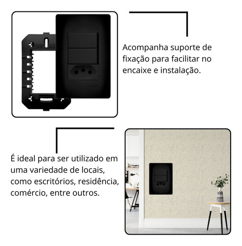 Kit 2 Conjunto Interruptor Duplo + Tomada 10a Preto Fame