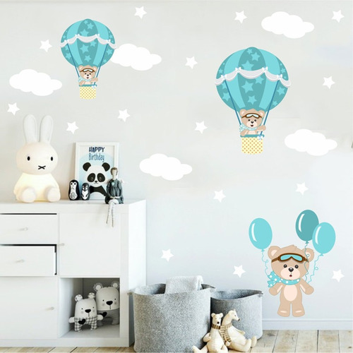 Adesivo De Parede Decoração Infantil Ursinhos Balão Tiffany