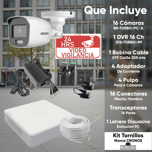 Epcom Kit Video Vigilancia 16 Cámaras 2 Mp Color Vu B8-KIT-CV/A-PLUS4BN con Micrófono Integrado + Bobina de Cable UTP Cat5e 305 mts + Transceptores Cámaras de Seguridad Visión a Color 24/7