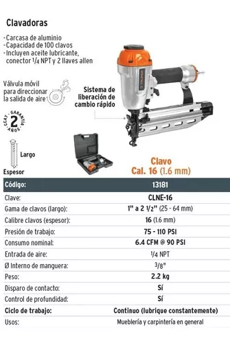 Clavadora neumática profesional, calibre 18, Truper, Clavadoras