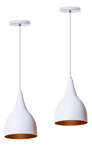Kit 2 Lustre Pendente Interno Balcão Gota Estrutura Branco com Cobre