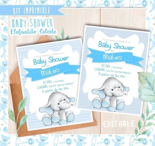 Kit Imprimible Elefantito 4 Celeste Baby Shower Promo 2x1