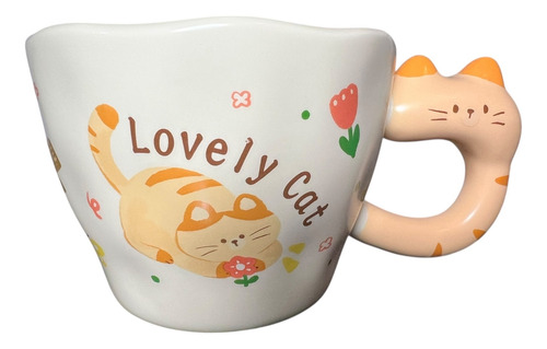 Taza Tazón Lovely Gatito Gato Kawai Alestilo Asa Original Blanco Con Crema Anaranjado Felino En Primavera