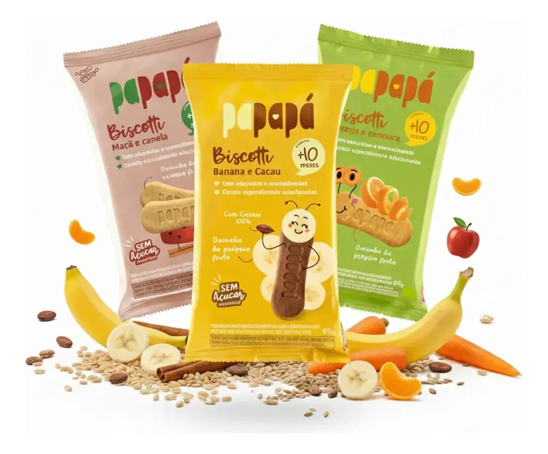 Kit 3 Biscottis Para Bebês Sabores Mistos Papapá 60g Maça Laranja Cacau
