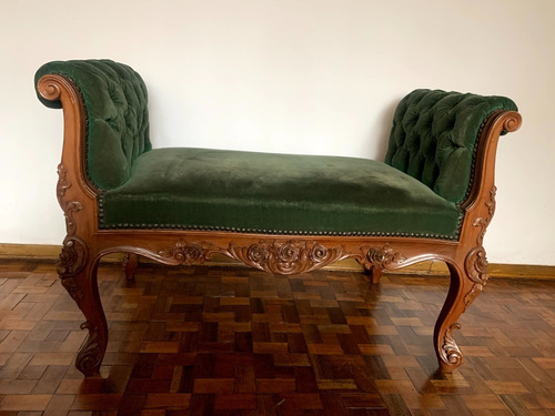 Sofa Auxiliar Luis Xv En Madera Labrada Marron Y Tapiceria 