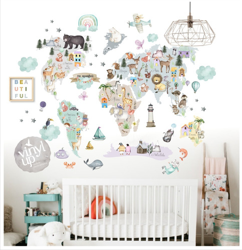 Vinilo Infantil Bebes Mapamundi Troq Animales 170x130cm Aprx