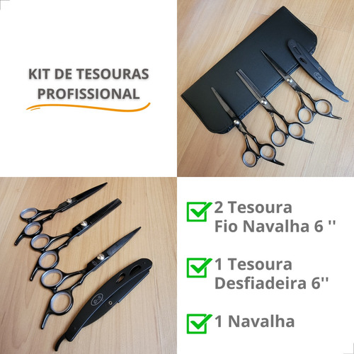 Kit 3 Tesouras Profissionais Barbeiro Fio Laser Navalhas