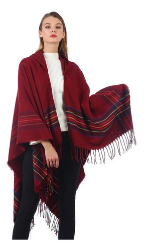 Poncho Tipo Capa Con Capucha Tejido Nuevo A Rayas Para Mujer