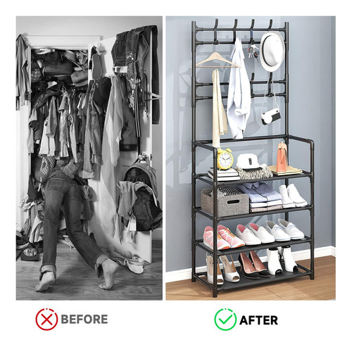 Estante Para Zapatos, Zapatera Rack Con Perchero De4 Niveles