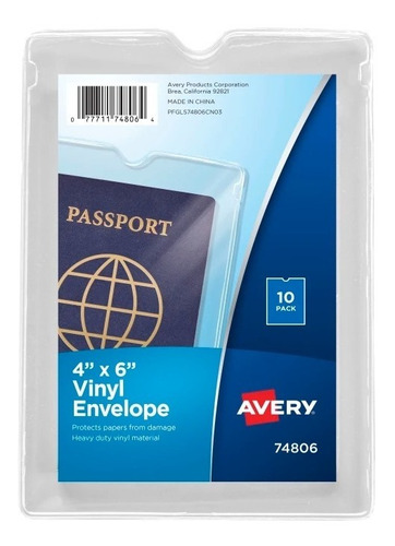 10 Sobres De Vinilo Porta Pasaporte Transparente Avery