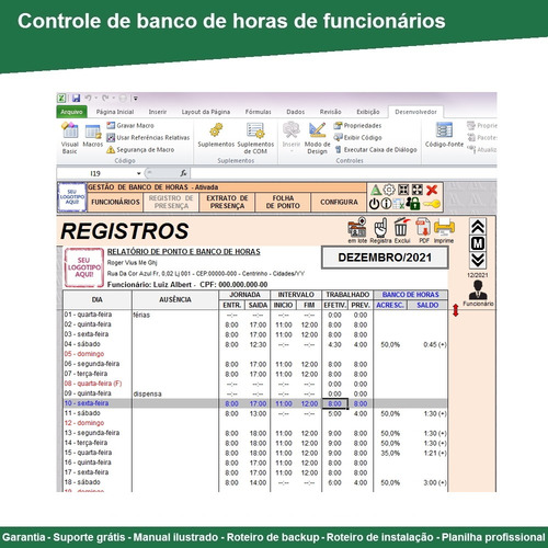 Planilha De Controle De Banco De Horas - Folha De Ponto