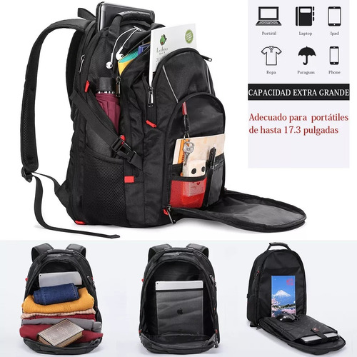45l Mochila Impermeable Para Laptop De 17.3 Usb Para Hombre Color Negro Diseño De La Tela Liso