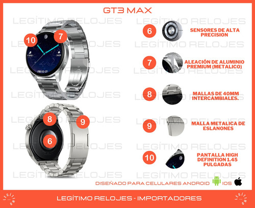 Imagen 3 de 10 de Smartwatch Hombre Gt3 Max Reloj Inteligente Elegante Sport