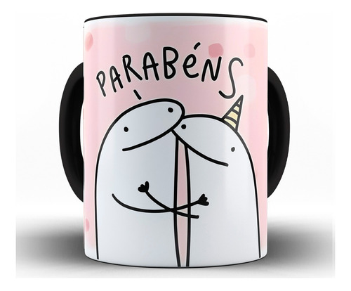 Caneca Meme Parabéns Mais Um Ano Alça Preta Cerâmica + Caixa