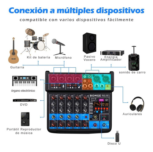 Mezclador De Dj Bomge 06f De 6 Canales Usb /bluetooth/48 V/d