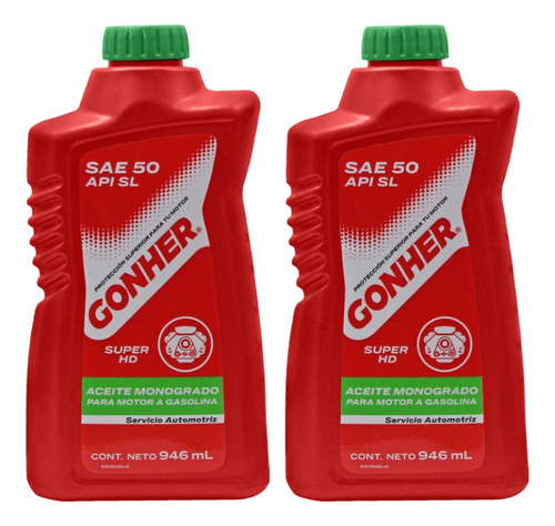 Kit 2 Litros Aceite Monogrado Sae 50 Super Hd Api Sl Gonher