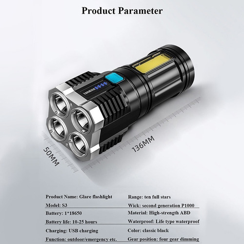 Linterna Exterior Recargable De 4 Núcleos Súper Brillante