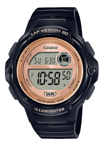 Reloj Casio Digital Lws-1200h-1a 60 Laps 100m Color de la malla Negro Color del bisel Negro Color del fondo Gold rose
