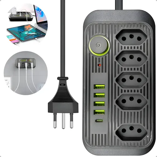 Extensão De Tomadas Filtro De Linha 5 Tomadas + 4 Usb E 1 Tipo C Cor Preto 127/220v