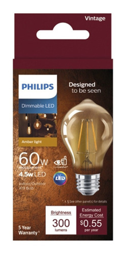 Foco Led Philips Vintage 4.5w Con Forma A19 Dimeable Cálida Color de la luz Blanco cálido