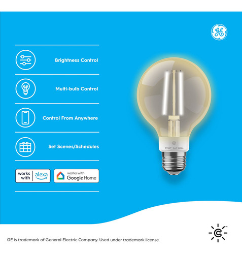 Ge Cync - Bombillas Led Inteligentes, Blanco Suave, Bluetooth Y Wi-fi, Compatibles Con Alexa Y Google Home, Bombillas G25 Globe (paquete De 4)