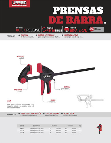 Prensa Plástica De Barra De 12 Quick Release Urrea