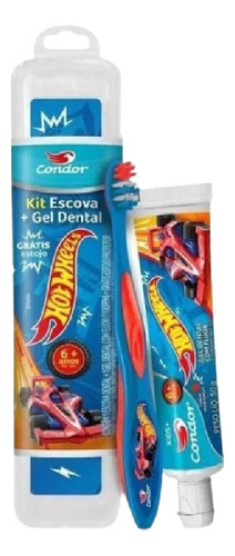 Kit Escova Azul E Gel Dental Kids Hotwheels Com Estojo