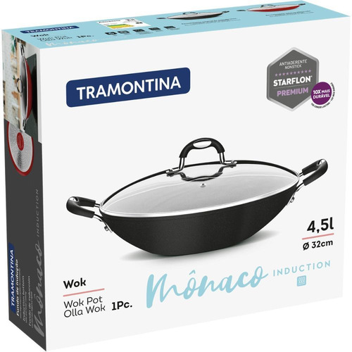 Wok Tramontina Mônaco Induction de aluminio con revestimiento antiadherente negro de 32 cm y 4,5 litros