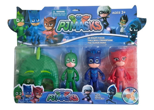 3 Bonecos Pj Masks Menino Gato Lagartixo Corujita + Máscara