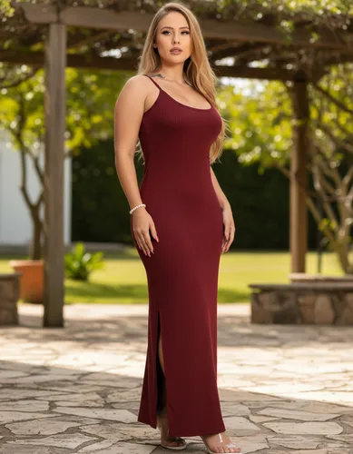 Modelo usando vestido longo canelado bordô com fenda lateral em ambiente externo arborizado
