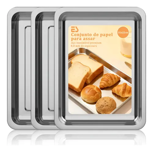 Kit 3 Assadeira Aço ​Inox Retangular Para Assados 32x22x4.8cm Cinza