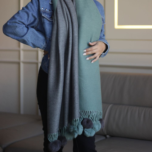 Cachecol Echarpe Pompom Pashmina Lenço Xale Manta Moda Frio Cor Verde e Chumbo Tamanho Único