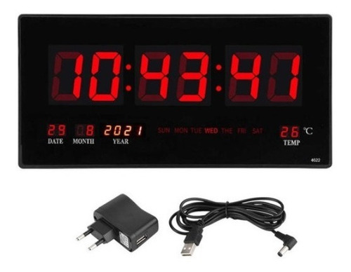 Reloj Digital Pared Luz Led Hora Fecha Temperatura 36x15cm