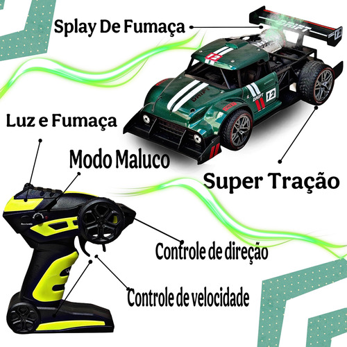 Carrinho Controle Remoto Super Speed Drift Com Luz E Fumaça Verde Drift