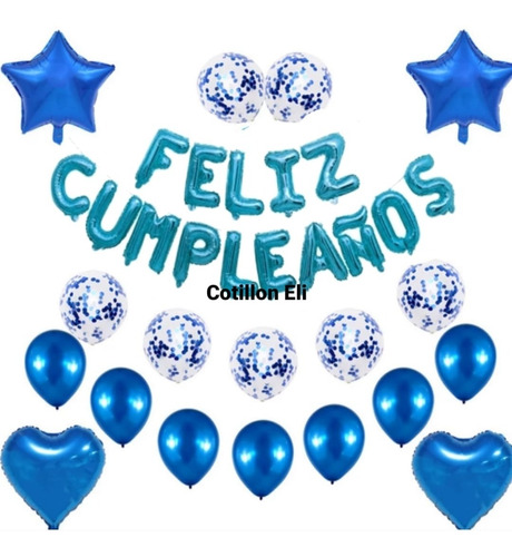 Combo Feliz Cumpleaños Globos Confeti Azul Estrella Cotillon