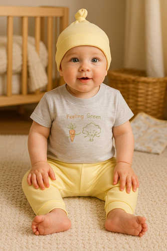 Conjunto Pantalón Y Playera Con Gorro De Bebé Mondo Bambino Gris - Amarillo 12 M