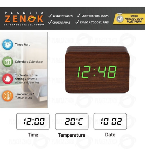 Reloj Despertador Madera Led Temperatura Fecha Alarmas Usb