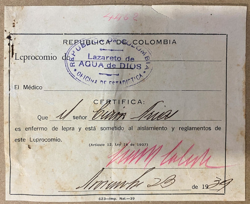 Lazareto De Agua De Dios Certificado Médico Noviembre 1939