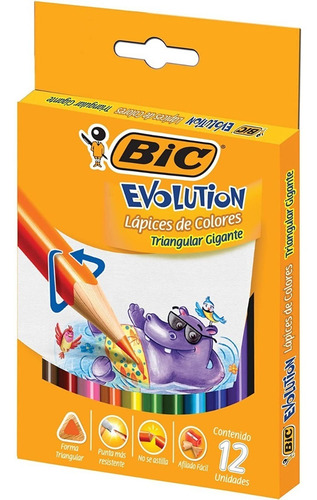 Lápis De Cor Bic Triangular Gigante Evolution 12 Cores Vivas