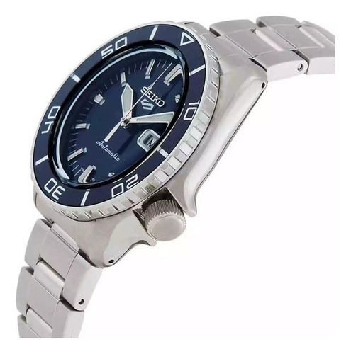 Reloj Seiko Hombre Doble Calendario 100mt Automatic Srpk97k1 Malla Plateado Bisel Azul Oscuro Fondo Azul Oscuro