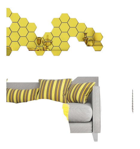 Imagen 8 de 10 de 12pzs Acrilico Decorativo Espejo Hexagonal Adhesivo Dorado