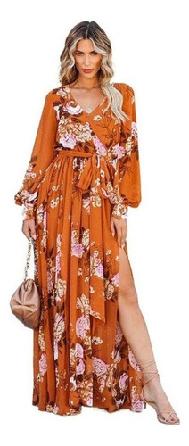 Maxi Vestido Naranja Estampado Largo Manga Larga Flores Dama