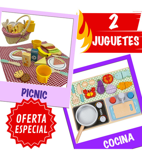 2 Juguetes Didácticos Picnic Y Cocina De Madera Para Niñas Multicolor