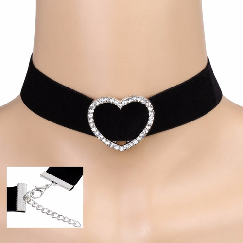 Choker Gargantilha Colar Veludo Preto Coracao Strass