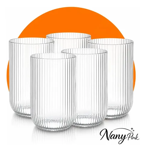 Jogo 6 Copos Vidro Canelado 420ml Premium Luxo Elegante Água Suco Drink Café Whisky Mesa Posta Copo Grosso Resistente  Design Moderno Texturizado Cozinha Bar Decoração Gourmet - Nany Pink