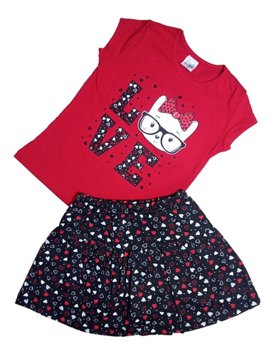 Conjunto Para Niña Falda Short Love Gatita D'lurig Kids